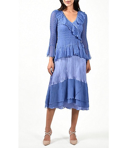 Komarov Pleated V-Neck 3/4 Bell Sleeve A-Line Dress