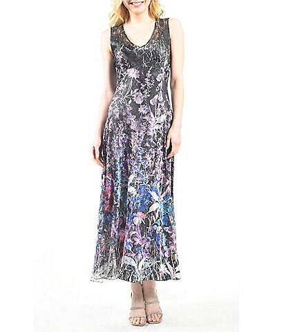 Komarov Printed V-Neck Sleeveless Pleated A-Line Dress