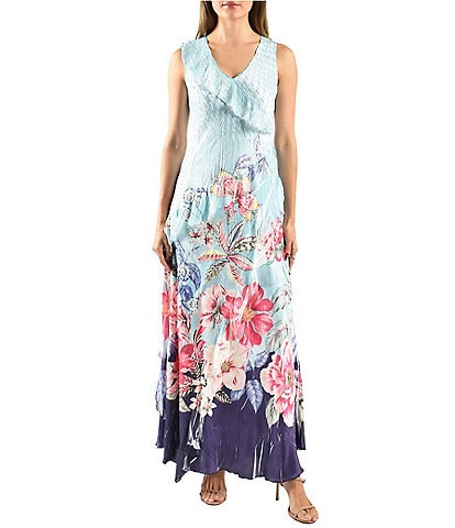 Komarov Ruffle V-neck Sleeveless Floral Print Charmeuse Maxi Dress
