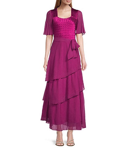 Komarov Square Neck Tiered Bottom Chiffon Sleeve Gown