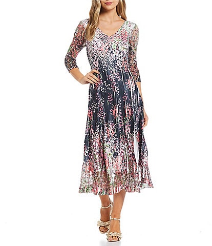 Komarov V-Neck 3/4 Lace Sleeve Pleated Charmeuse Floral Print A-Line Midi Dress