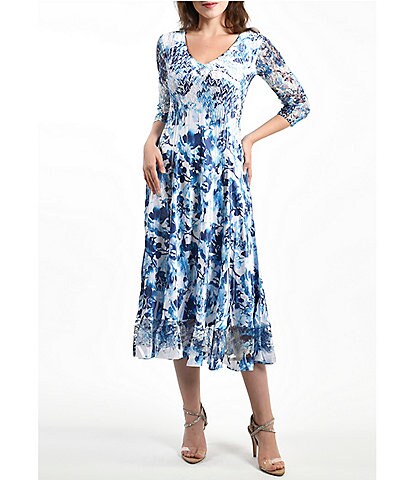 Komarov V-Neck 3/4 Lace Sleeve Pleated Charmeuse Santorini Floral Print Midi Dress