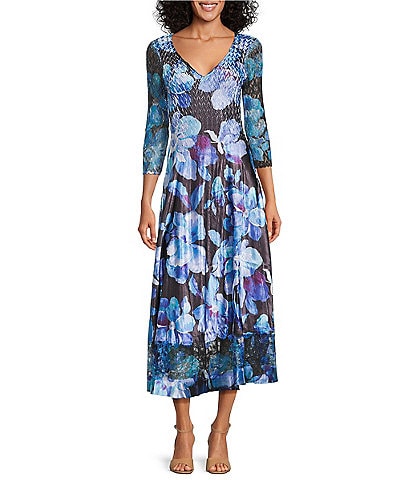Komarov V-neck 3/4 Sleeve Floral Printed Charmeuse Satin Lace Inset Aline Midi Dress