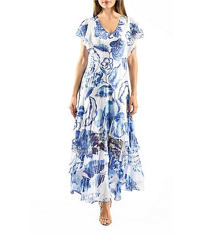 Komarov V-Neck Flutter Sleeve Printed Charmeuse Aline Maxi Dress