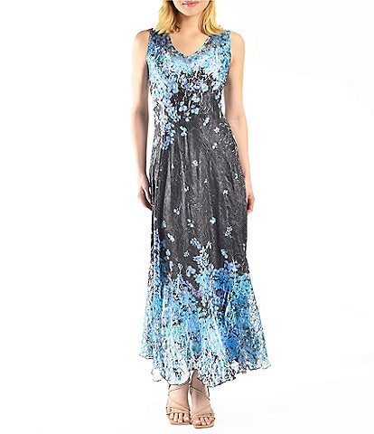 Komarov V-Neck Printed Satin Charmeuse Maxi Dress