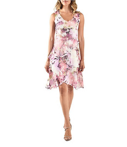 Komarov V-Neck Sleeveless Abstract Floral Tiered Mixed Media Shift Dress