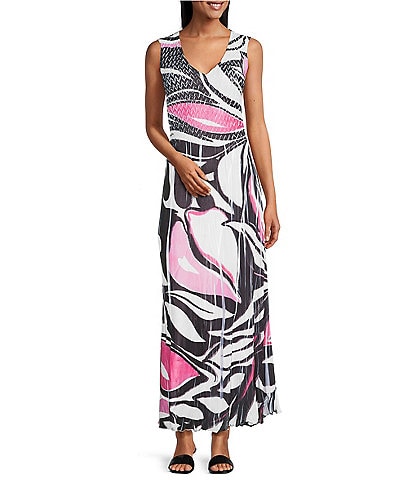 Komarov V-Neck Sleeveless Floral Printed Mixed Media A-Line Maxi Dress