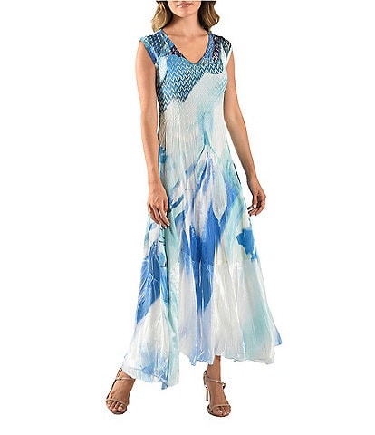 Komarov V-Neck Sleeveless Watercolor Printed Mixed Media Maxi Dress