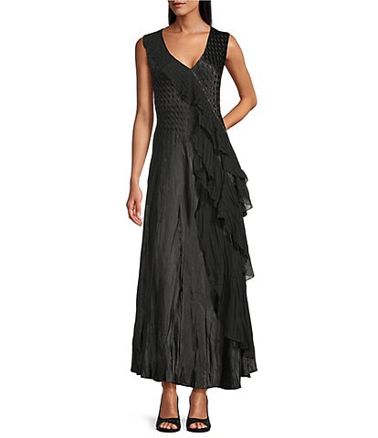 Komarov V-Neck Sleeveless Cascading Chiffon Ruffle Front Charmuese Satin Maxi Dress