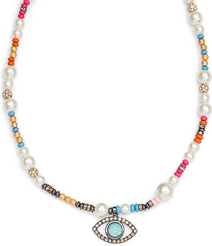 Kurt Geiger London Boho Evil Eye Pearl Strand Short Pendant Necklace