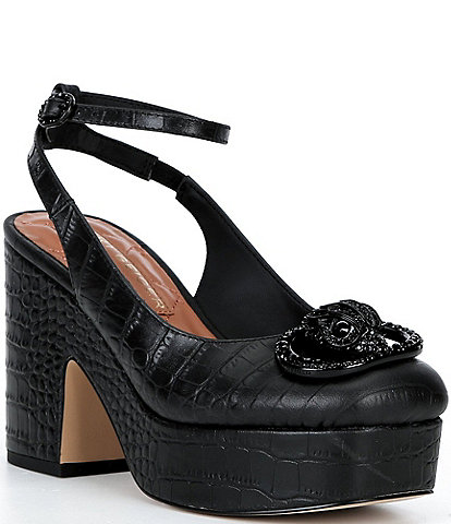 Kurt Geiger London Chelsea Crocodile Embossed Leather Closed Ankle Strap Platform Pumps