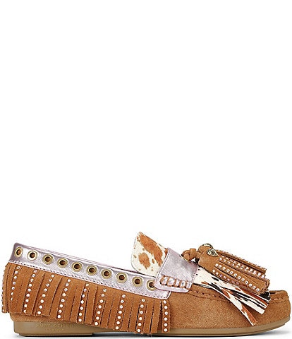 Kurt Geiger London Cow Print Rhinestone Fringe Moccasins