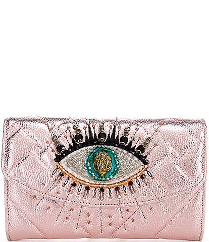 Kurt Geiger London Kensington Embellished Rhinestone Eye Pink Quilted Metallic Leather Wallet Clutch Crossbody Bag