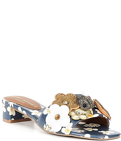Kurt Geiger London Kensington Floral Leather Block Heel Slide Sandals