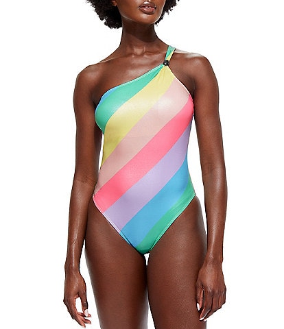 Kurt Geiger London Kensington Rainbow Stripe One Shoulder One Piece Swimsuit