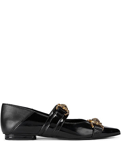 Kurt Geiger London Mansion Patent Leather Pointed Toe Double Bit Buckle Flats