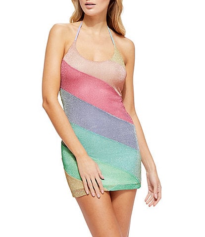 Kurt Geiger London Rainbow Stripe Lurex Halter Tie Mini Dress Swim Cover-up