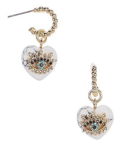 Kurt Geiger London Signature Evil Eye Howlite Heart Charm Huggie Hoop Earrings