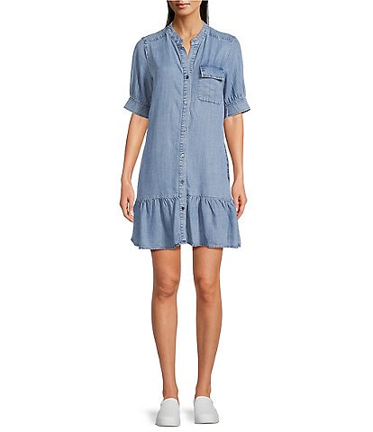 Kut from the Kloth Bruna Stand Collar Short Sleeve Ruffle Hem Dress