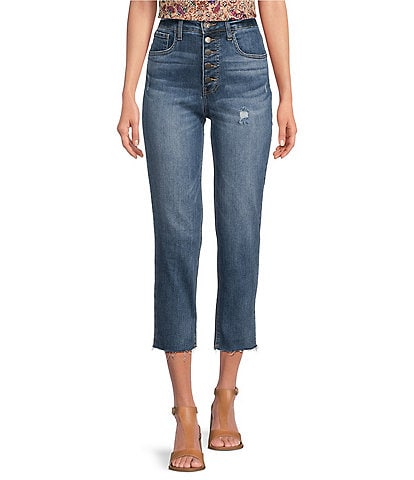 KUT from the Kloth Rachael High Rise Fab Ab Technique Exposed Button-Fly Raw Hem Mom Jeans