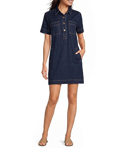 KUT from the Kloth Tatiana Denim Point Collar Short Sleeve Shift Dress