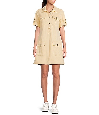 KUT from the Kloth Terra Point Collar Short Sleeve Button Front Cargo Shirt Dress