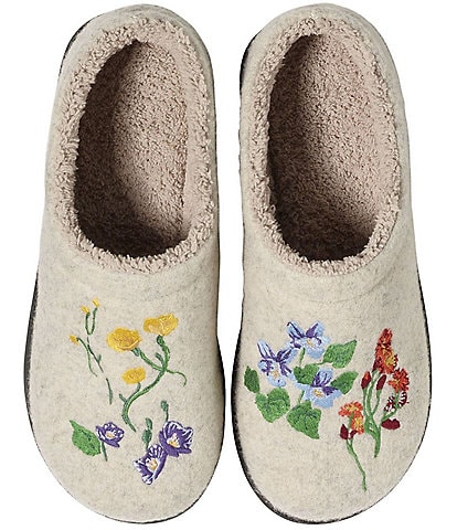 L.L.Bean Daybreak Scuff Floral Motif Wool Clog Slippers