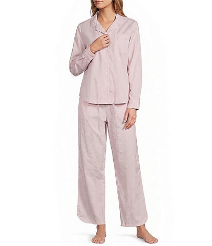 L.L.Bean Gingham Printed Poplin Long Sleeve Notch Collar Pajama Set