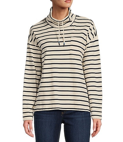 L.L.Bean Heritage Mariner Cotton Jersey Striped Funnel Neck Long Sleeve Top
