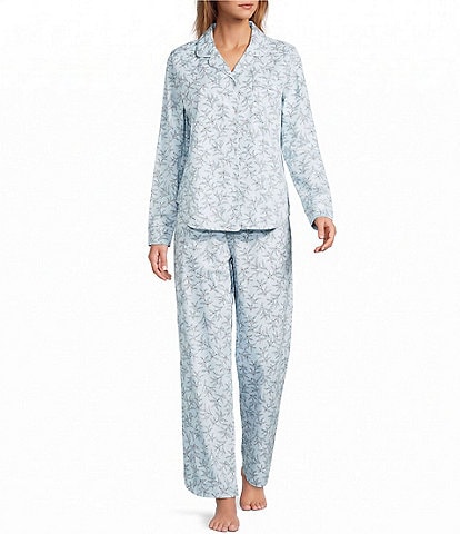 L.L.Bean Holiday Pine Printed Poplin Long Sleeve Notch Collar Pajama Set