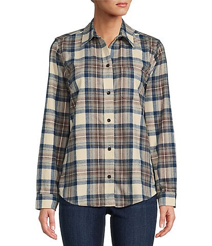 L.L.Bean® Indigo Tartan Scotch Plaid Flannel Point Collar Long Sleeve Relaxed Fit Button Front Shirt