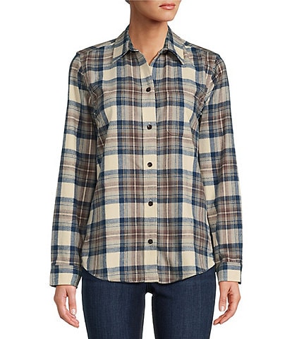 L.L.Bean® Indigo Tartan Scotch Plaid Flannel Point Collar Long Sleeve Relaxed Fit Button Front Shirt