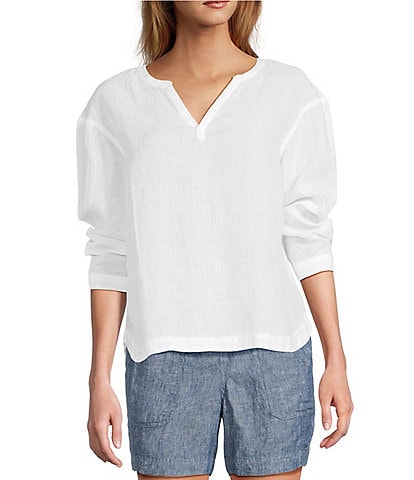 L.L.Bean Linen Split Round Neck Long Sleeve Blouse