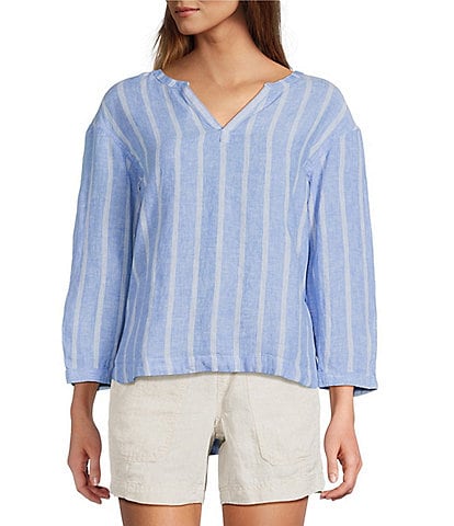L.L.Bean Linen Striped Split Round Neck Long Sleeve Blouse