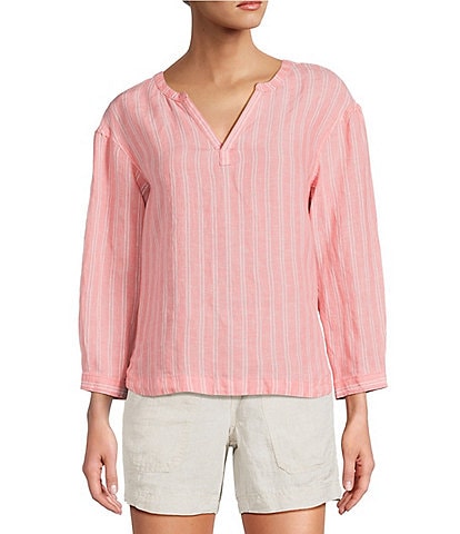L.L.Bean Linen Striped Split Round Neck Long Sleeve Blouse