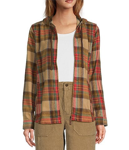 L.L.Bean Scotch Plaid Flannel Relaxed Hooded Long Sleeve Zip-Up Shirt