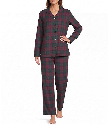 L.L.Bean Scotch Plaid Long Sleeve Notch Collar Holiday Flannel Pajama Set
