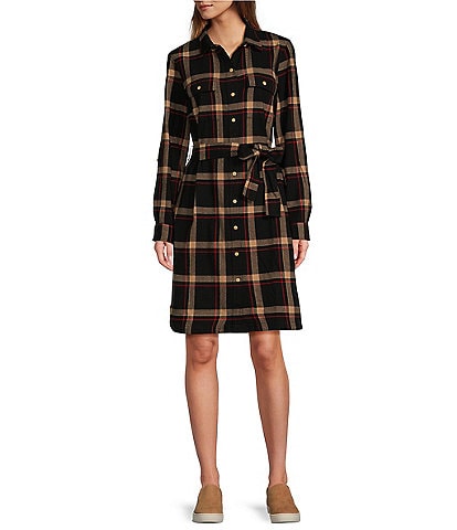 L.L.Bean Signature Camp Flannel Roll-Tab Long Sleeve Herringbone Shirt Dress