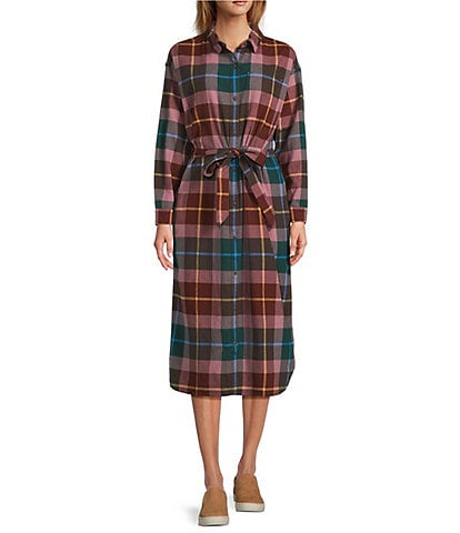 L.L.Bean Signature Camp Soft Flannel Plaid Belted Button Front Midi Dress