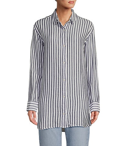 L.L.Bean Stripe Cloud Gauze Spread Collar Long Sleeve Button Front Shirt