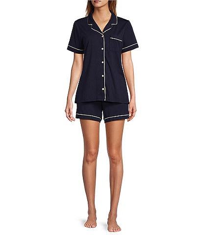 L.L.Bean Super-Soft Shrink-Free Button Front Notch Collar Short Sleeve Short Striped Pajama Set
