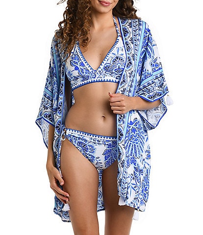La Blanca Beyond The Pacific Printed Open Front Tassel Charm Kimono Swim Cover-Up