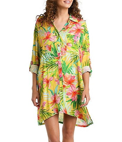La Blanca Calypso Bloom Tropical Floral Button Front Camp Shirt Swim Cover-Up