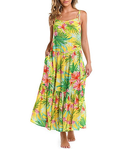 La Blanca Calypso Bloom Tropical Print Square Neck Tiered Midi Dress Swim Cover-Up