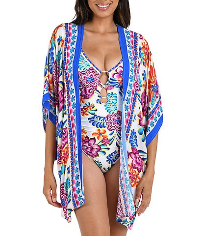 La Blanca Flor De Paradiso Floral Print Dolman Sleeve Open Front Kimono Swim Cover-Up