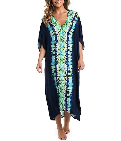 La Blanca Monarch Seas Tie Dye Print V-Neck Maxi Caftan Swim Cover-Up