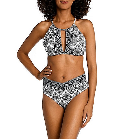 La Blanca Oasis Tile Print High Neck Midline Bra Swim Top & High Waisted High Leg V-front Swim Bottom