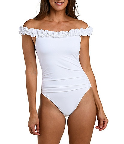 La Blanca Off-The-Shoulder Solid Ruffle One Piece Swimsuit