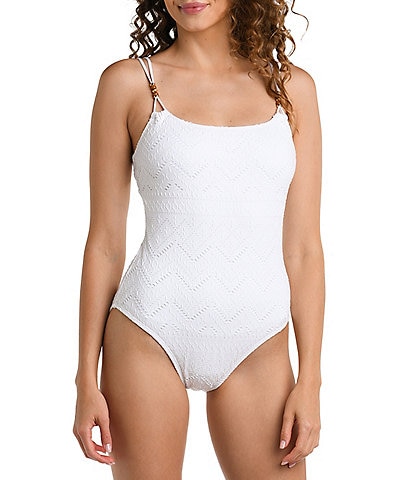 La Blanca Saltwater Novelty Crochet Square Neck Tummy Control One Piece Swimsuit
