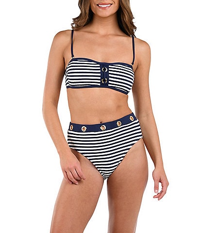 La Blanca Set Sail Ribbed Knit Strapless Gold Grommet Bandeau Swim Top & High Waist Swim Bottom